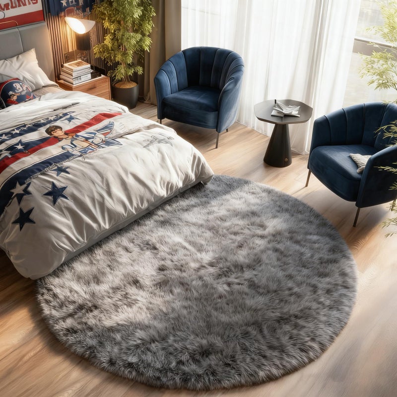 PAGISOFE Round Rugs 5Ft, Grey Circle Rugs for Living Room Kids Bedroom, Fluffy Carpets for Bedroom Boys, Indoor Shaggy Rugs Small Teepee Furry Mat, Comfy Reading Rug for Girls Boys Baby Room - Image 2